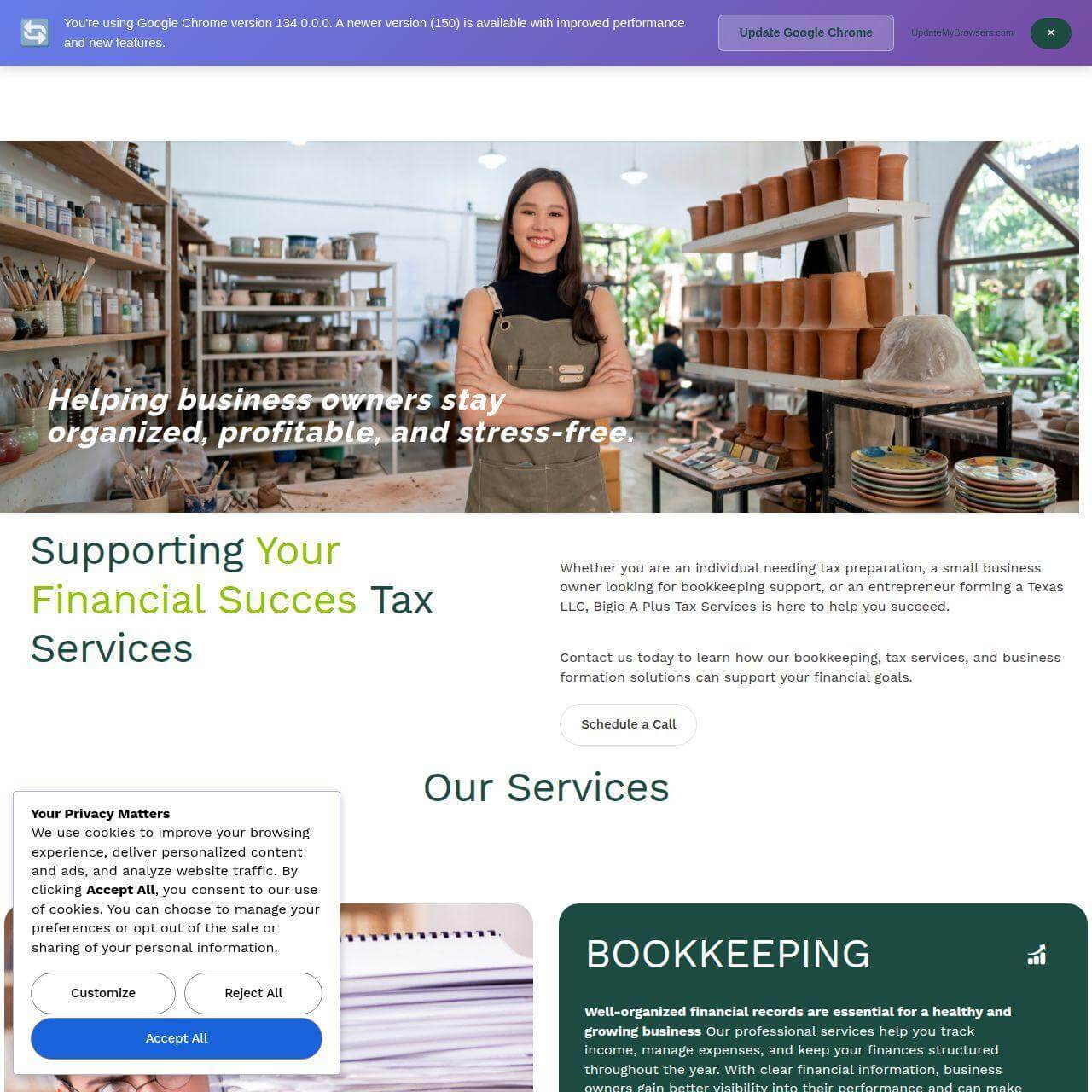 Bigio A Plus Services — Sitio para firma de servicios financieros en Texas. Contabilidad, impuestos y formación de LLC.