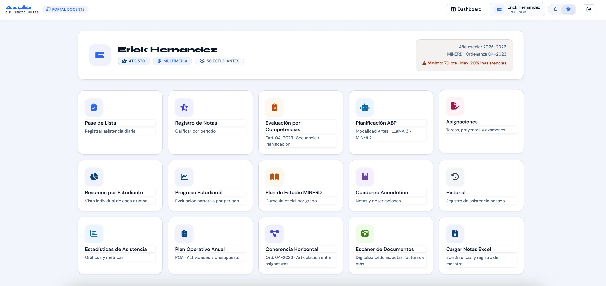 Teacher dashboard in Axula with access to attendance, grades, competency-based assessment, and project-based lesson planning