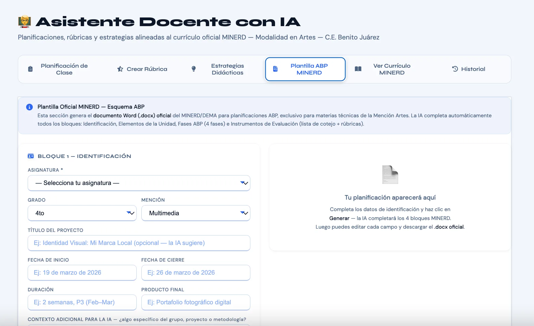 Official MINERD PBL Word template generator with AI inside Axula