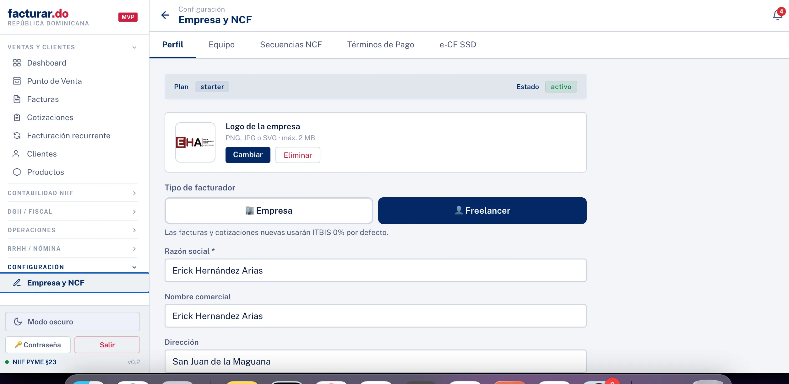 Company and NCF settings in Facturar.do — tax profile and receipt sequences