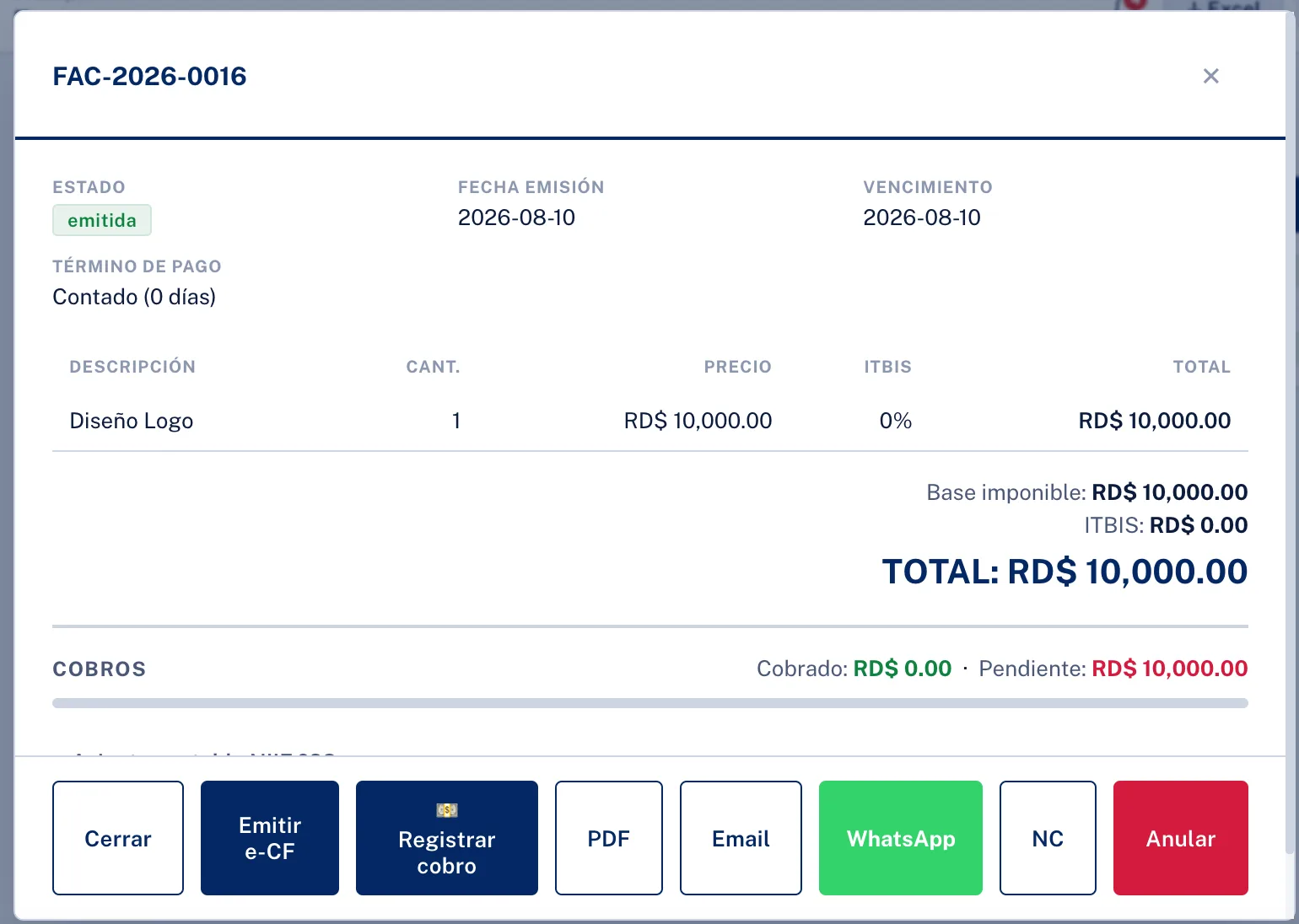 Invoice detail in Facturar.do with e-CF issuance, payment recording, and WhatsApp sending