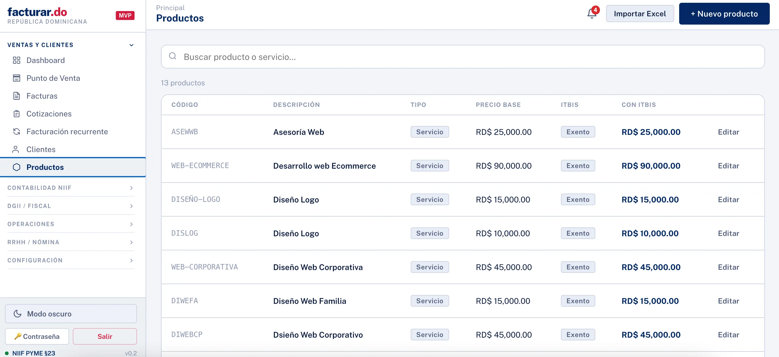 Product and service catalog in Facturar.do with base price and VAT